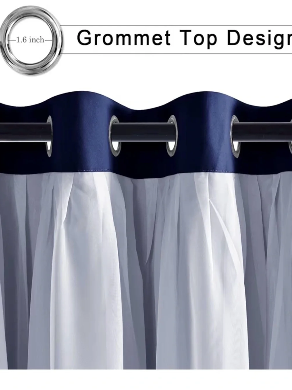 Navy Blackout Curtains with White Sheer Overlay Thermal Insulated 2 Drapes